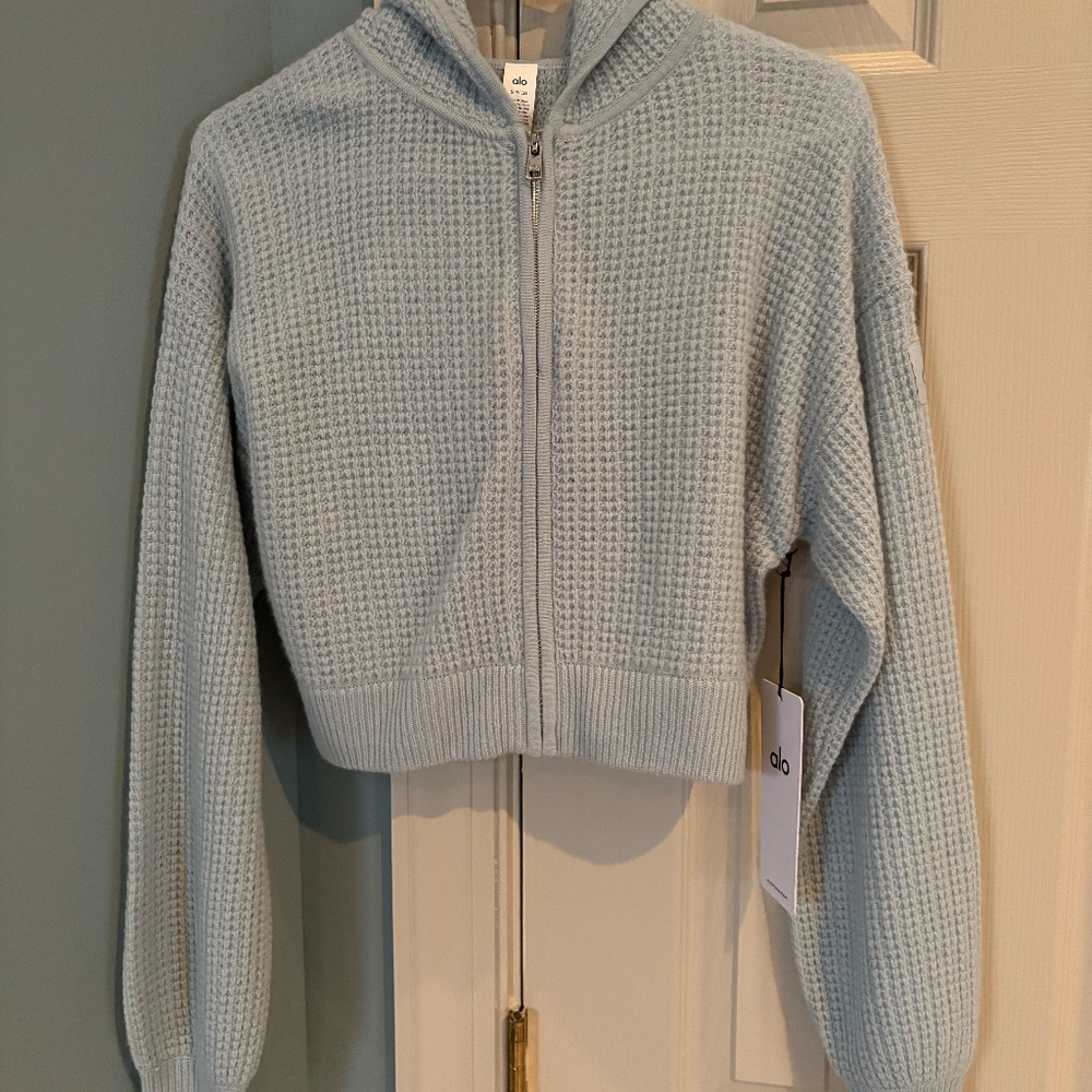 ALO Cashmere Plus Waffle Full Zip Hoodie - Crystal Blue NWT - Picture 5 of 9